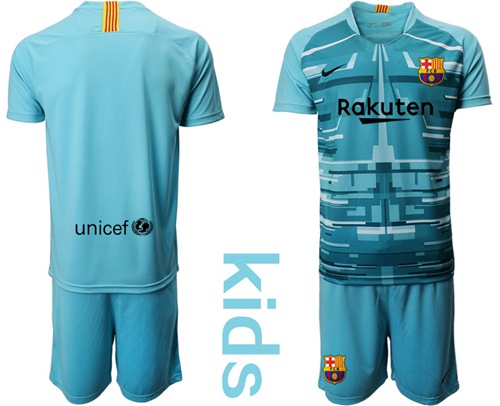 Barcelona Blank Light Blue Goalkeeper Kid Soccer Club Jersey